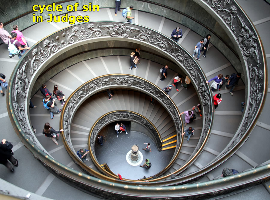 People walking down a spiral staircase
